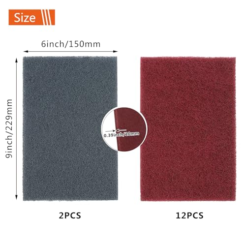 6" x 9" Gray & Maroon General Purpose Scuff Pads, 14 Pack Automotive Scratch Brite Pads for Sanding, Paint Prep, Restoration Tear-Resistant, Durable Non-Woven Abrasive Pads