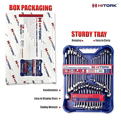 HITORK 32 Piece Combination Wrench Set, SAE and Metric, Standard and Stubby - style: 32 Piece Set SAE & Metric