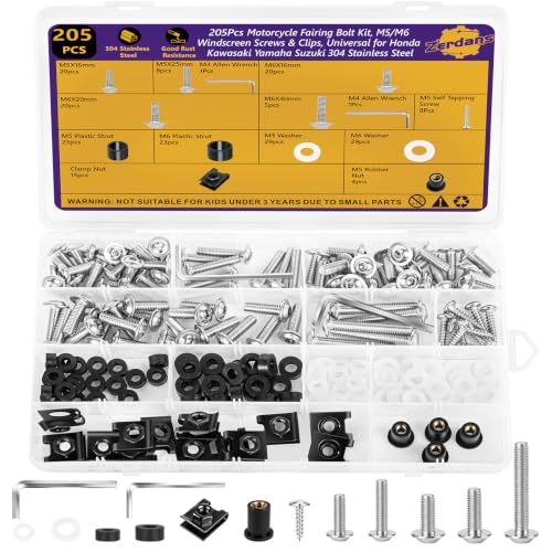 205Pcs Motorcycle Fairing Bolt Kit, M5 M6 Stainless Steel 304 - color: Silver