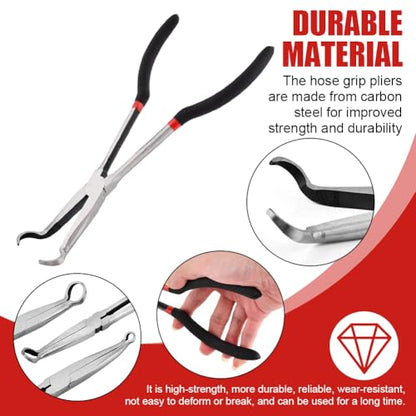 3PCS 11" Long Hose Grip Pliers, 5/16 Inch, 1/2 Inch, 3/4 Inch Ring Nose Hose Gripper Pliers Kit, O-shape Tip Serrated Jaws, Offset Spark Plug Boot Removal Pliers for Narrow Space