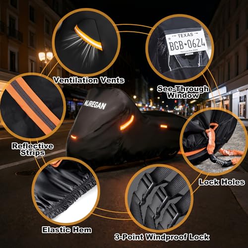 Heavy Duty Motorcycle Cover Waterproof Outdoor Universal Fit up to 92 Inch, All Season Protection for Kawasaki Z650 Ninja ZX-10R, Honda Rebel 500 CBR500R with See-Through License Panel