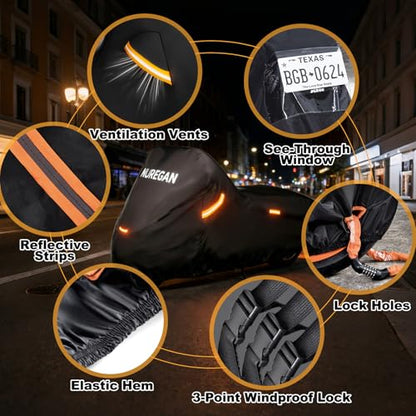 Heavy Duty Motorcycle Cover Waterproof Outdoor Universal Fit up to 92 Inch, All Season Protection for Kawasaki Z650 Ninja ZX-10R, Honda Rebel 500 CBR500R with See-Through License Panel
