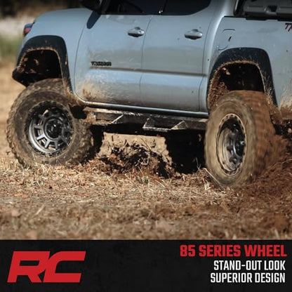 Rough Country 85 Series 17x9 Wheel - 5x5.5" Bolt Pattern, 0mm Offset, Gunmetal Gray with Black Simulated Beadlock, One-Piece Aluminum Off-Road Wheel