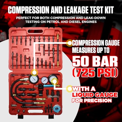 Petrol & Diesel Engine Compression and Leakage Test Kit – 47PCS Comprehensive Pressure Gauge Tool Set for Diagnosing Engine Issues Fits for Most Cars, Trucks and Motorcycles - color: Red