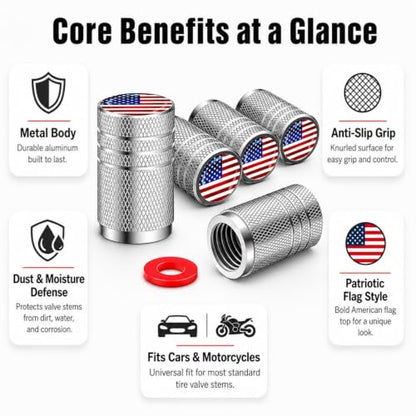 Tire Valve Stem Caps, 5 Pack, American Flag, Chrome - color: Silver colored flag