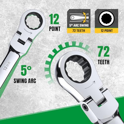 SK Flex Head Ratcheting Wrench Set, SAE 3/8"-3/4", Metric 10-19mm, 14-Piece