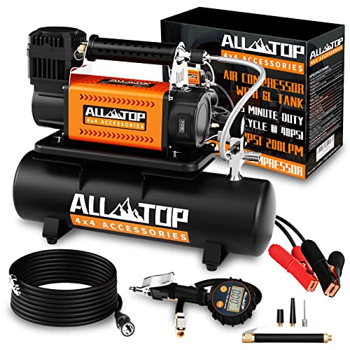 ALL-TOP Air Compressor with 6L Tank Kit,12V Portable Inflator & Oil-Free Steel Tank 6-Liter, Offroad Air Compressor for Truck Tires, Heavy Duty Air Pump Max 150PSI for SUV 4x4 Vehicle RV Tire - color: 200 L/Min, With 6l Tank