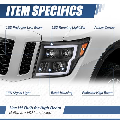 Auto Dynasty LED DRL Headlights Assembly for 2016-2024 Nissan Titan (XD) - color: Black / Amber, size: C-Style LED DRL / LED Low Beam