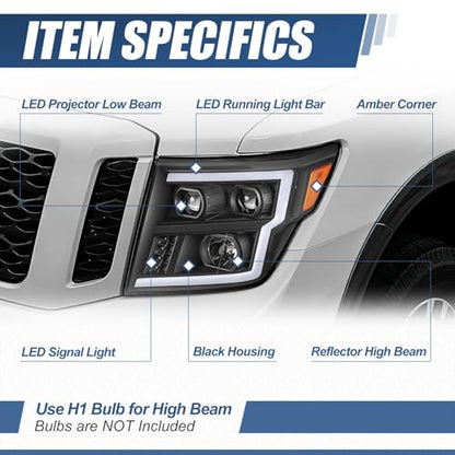 Auto Dynasty LED DRL Headlights Assembly for 2016-2024 Nissan Titan (XD) - color: Black / Amber, size: C-Style LED DRL / LED Low Beam