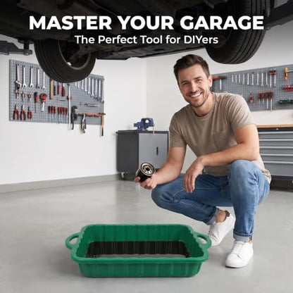 Veemoon 2.38 Gallon (9L) Oil Drain Pan, Plastic Anti-Splash Drain Container with Handle, Heavy Duty Leakproof Oil Change Drip Catcher Transmission Coolant Fluid Collector for Garage DIY Mechanics