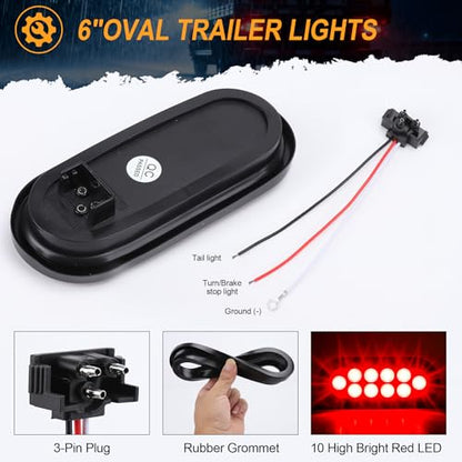 6-Inch Oval Red LED Trailer Tail Lights 2PCS, 10 LEDs Stop Turn Tail Brake Lights, DOT Certified, IP67 Waterproof Surface Mount, for Truck RV Boat Trailer - color: 01-2PCS RED