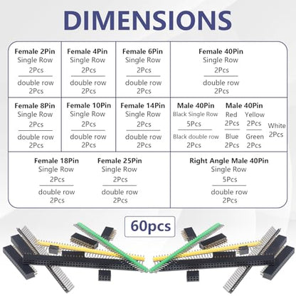 Header Pins Assortment Kit Female and Male Pin Headers Connector 2.54MM Right Angle Straight Breakaway Header Pin Connectors for PCB Board