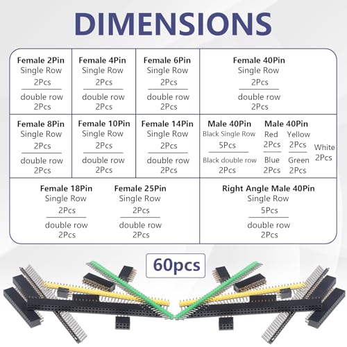 Header Pins Assortment Kit Female and Male Pin Headers Connector 2.54MM Right Angle Straight Breakaway Header Pin Connectors for PCB Board