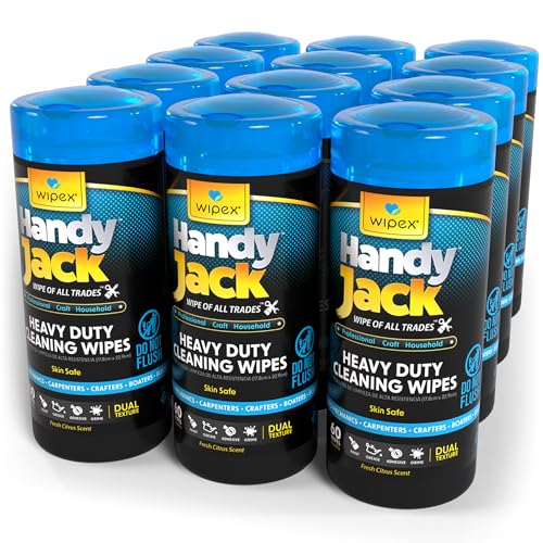 Wipex Handy Jack Degreaser Cleaner Heavy Duty Wipes, Dual Texture Cleaning Cloth for Mechanic Hand Wipes and Surfaces, Clean Tools & Automotive Parts, Paint Remover, Oil, Grease, & Dirt, 60ct Canister - size: 60 Count (Pack of 12), style: Canister