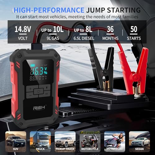 RSH Jump Starter with Air Compressor 4000A Peak Car Battery Jump Starter 150PSI Inflator Auto Booster 15000mAh Jump Box (up to 10L Gas,8L Diesel Engine) with LED Light,Quick Charger USB-C