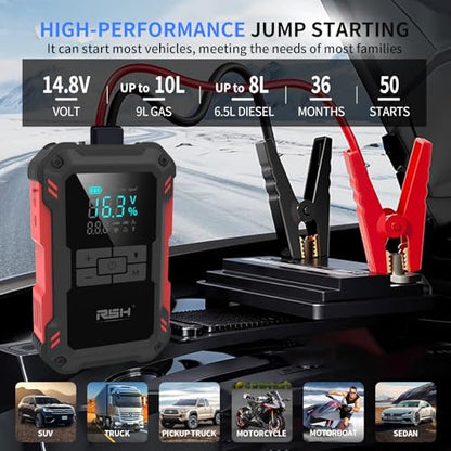 RSH Jump Starter with Air Compressor 4000A Peak Car Battery Jump Starter 150PSI Inflator Auto Booster 15000mAh Jump Box (up to 10L Gas,8L Diesel Engine) with LED Light,Quick Charger USB-C