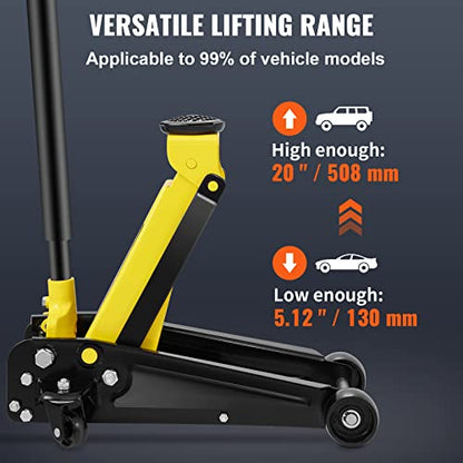 VEVOR 3 Ton Low Profile Floor Jack for All Terrain Vehicles, Heavy-Duty Steel Racing Jack with Quick Lift Pump, 5.12"-20" Lifting Range, 3.0 tons - color: yellow