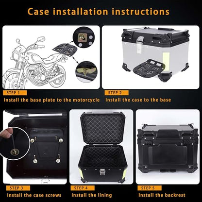 Motorcycle Top Case 57L Trunk Tail Box Bag Aluminum alloy handle with Leather Lining Anti-Theft with Lock & Back Cushion Waterproof Dustproof Easy Installation with Universal Bracket Black - color: Black（57L-Single Lock）