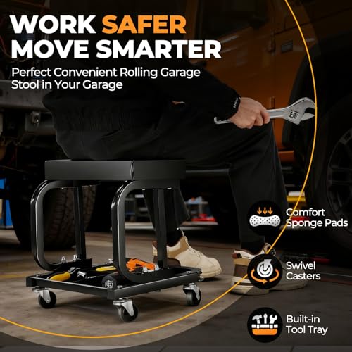 Auto Dynasty Rolling Mechanic Stool, Padded Shop Seat, w/Tool Tray, Black