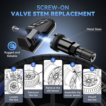 MUCAR VENU5 TPMS Sensor Set of 4, Activation Relearn by Universal TPMS Tool,Tire Pressure Sensor 2-in-1 (315MHz + 433MHz) OE Programmed by T261/VENU iPro for 98% Vehicle Model