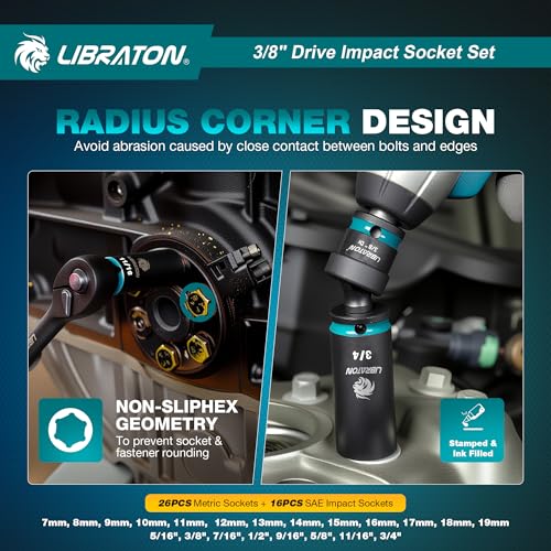 LIBRATON 3/8 Socket Set 90PCS, SAE(5/16-3/4) & Metric(7-19MM) Impact Socket - size: 3/8"
