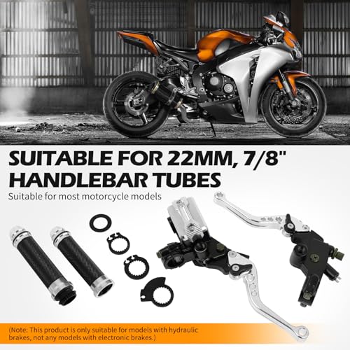 DREAMIZER Universal 7/8" 22mm Motorcycle Handlebar Brake Master Cylinder Clutch Levers CNC Left & Right Set + Hand Grips Compatible with Harley Honda Kawasaki Yamaha Suzuki (Silver) - color: Silver