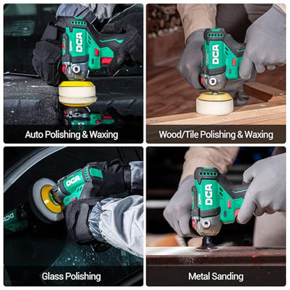 DCA 12V Cordless Buffer Polisher, 3" Brushless Mini Car Polisher & 2" Sander Machine Kit with 2x 2.0Ah Batteries, 2 Variable Speed 2800-8300RPM for Car Detailing Polishing/Buffing/Sanding/Waxing
