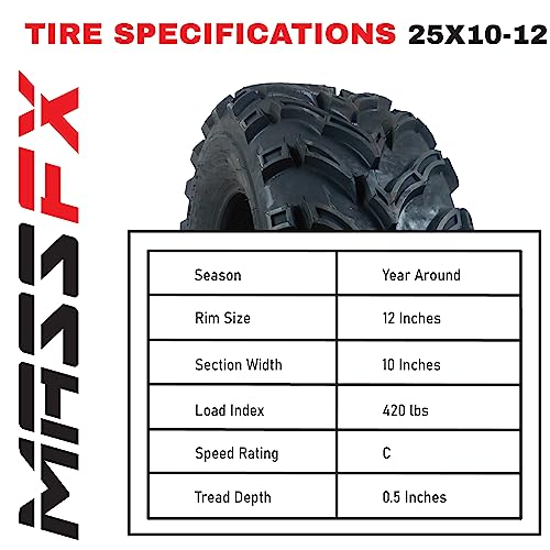 MASSFX MK251012 ATV 25x10-12 Tires 2 Set Rear 6Ply 1/2" Tread Depth 25x10x12 - size: 25x10-12 R Two Set