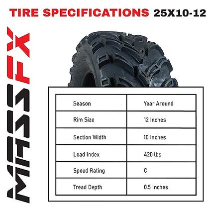 MASSFX MK251012 ATV Single Tire 25x10-12 Rear 6 Ply 1/2" Tread Depth 25x10x12 - size: 25x10-12 R