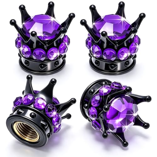 4PCS Crown Bling Tire Stem Valve Caps, Crystal Diamond Car Wheel Tire Valve Caps Universal Copper Core Stem Covers for Cars, SUV, Trucks, Bikes, Motorcycles, Bicycles (Black & Purple) - color: Black & Purple