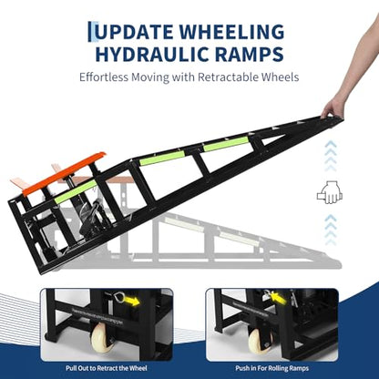 Heavy Duty Hydraulic Car Ramps 5 Ton Capacity with Wheels, Adjustable Height Portable Vehicle Lift Ramps, Auto Repair Ramps for Home Garage Car Maintenance & Oil Change - color: Orange