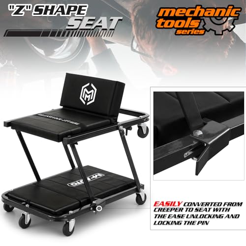 M-AUTO Heavy-Duty Convertible Mechanic Creeper, Z-Creeper 2-in-1 Creeper and Seat 48" Padded Adjustable Headrest Roller Garage Chair with 7 Swivel Casters for Washing, Detailing, Maintenance, Black - color: Black, size: 48"