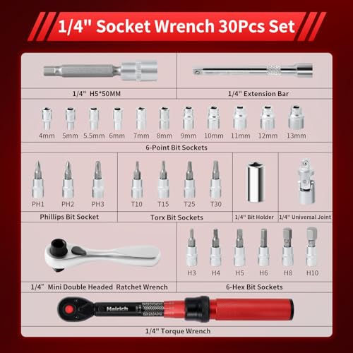 Hairich Torque Wrench Bicycle,1/4 inch drive 2.3-24.9 N.M/20-220IN.LB, Bike Torque Wrench Set,30PCS Click Torque Wrenches with 1/4 Ratchet Wrench, Extension Bar, Sockets for Bicycle - size: 30PCS 1.67-18.33 FT.LB