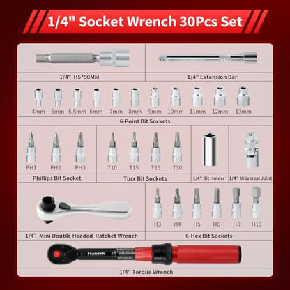 Hairich Torque Wrench Bicycle,1/4 inch drive 2.3-24.9 N.M/20-220IN.LB, Bike Torque Wrench Set,30PCS Click Torque Wrenches with 1/4 Ratchet Wrench, Extension Bar, Sockets for Bicycle - size: 30PCS 1.67-18.33 FT.LB