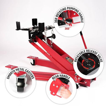 2000 lb Adjustable Hydraulic Transmission Jack – Low Profile Telescoping Floor Lift with 360° Swivel Casters, Heavy-Duty Steel Construction