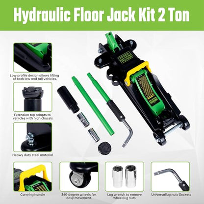 2 Ton (4,400 lbs) Hydraulic Trolley Floor Jack with Wrench Sockets, Quick Lift, Heavy-Duty Steel Construction, Adjustable Height Extension Adapter for Sedans, Trucks, SUVs & ATVs - size: 2 Ton with Extension