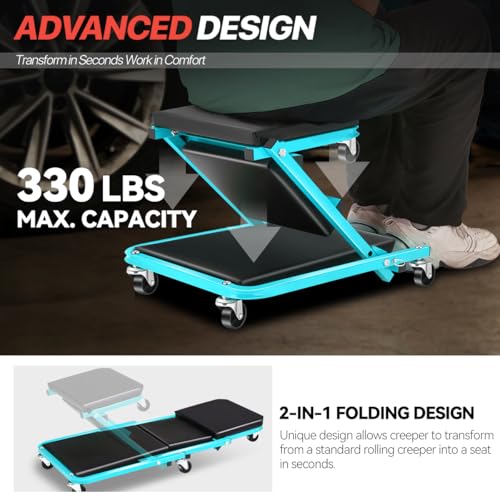 Foldable Creeper, 2-in-1 Rolling Garage Z Creeper Car & Seat, 36" Roller Mechanics Under Car Chair, 330 LBS Weight Capacity Heavy Duty, Ocean Blue - color: Blue, size: 36 Inch Length