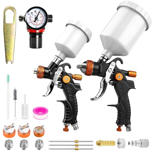 HVLP Air Paint Spray Gun Sets, 2-Spray Paint Gun, 1.0mm 125ml & 1.4/1.7mm 600ml Auto Sprayer Gun with Air Regulator, Professional-Grade Automotive Spray Gun for Car Paint