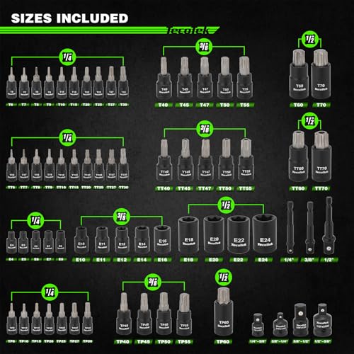 TecoTek 67-Piece Master Torx Bit Socket and External Torx Socket Set, 1/4", 3/8" and 1/2" Drive, S2 and Cr-V Steel, E4 - E24, T6 - T70, TT6 - TT70, TP8 - TP60, Includes 7PCS Socket Adapters
