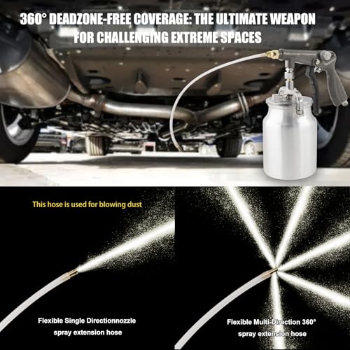 Air Undercoating Spray Gun with Suction Feed Cup & Gauge, 2 Extension Wands 360°Straight Spray Hoses, Fluid Film Spray Gun for Truck Bed Liner Spray Coating, Rubberized Undercoat, Rust Proofing