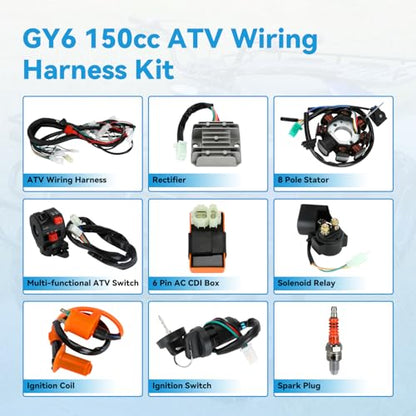 EOPOAYI Complete Wiring Harness Kit Compatible with GY6 150cc 152QMI 157QMJ 4-Stroke Engine ATV Quad 4 Wheeler Scooter Moped Dune Buggy Parts Ignition Coil CDI Startor Starter Relay Solenoid Regulator