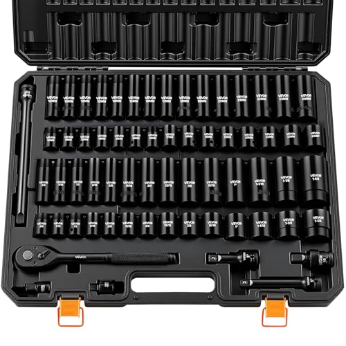 VEVOR 1/2" Drive Impact Socket Set, 65 Piece Socket Set SAE 3/8" to 1-1/4" and Metric 10-24mm, 6 Point Cr-V Alloy Steel for Auto Repair, Rugged Construction, Easy-to-Read Size Markings, Storage Case - size: 1/2" 65 PCS