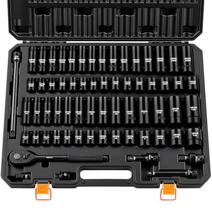 VEVOR 1/2" Drive Impact Socket Set, 65 Piece Socket Set SAE 3/8" to 1-1/4" and Metric 10-24mm, 6 Point Cr-V Alloy Steel for Auto Repair, Rugged Construction, Easy-to-Read Size Markings, Storage Case - size: 1/2" 65 PCS
