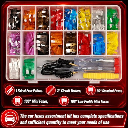 306PCS New Car Fuses Assortment Kit with Fuse Tester,Mini & Low Profile Mini & Standard Car Fuse Kit with 35A 30A 25A 20A 15A 10A 7.5A 5A 2A,Portable Blade Auto Fuses Assortment Kits