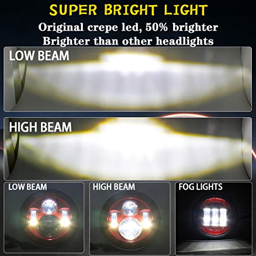 SKTYANTS 7" 7 Inch LED Red Motorcycle Headlight Red 4.5 Inch Round Passing Fog Lights Compatible with Tourng Street Electra Glide Road king Classic - color: 7+4.5inchs