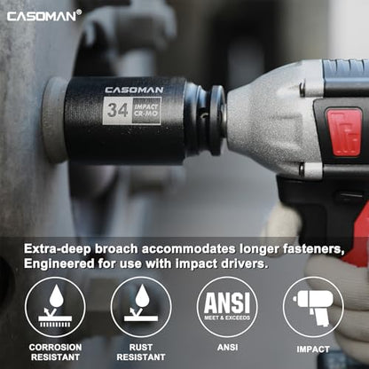 CASOMAN 1/2” Drive Deep Big Impact Socket Set, 21 - Piece Large Spindle Axle Nut Impact Wrench Socket Set, 6 Point, CR-MO, Metric & SAE, 27mm - 41mm, 1-1/16" - 1-5/8"