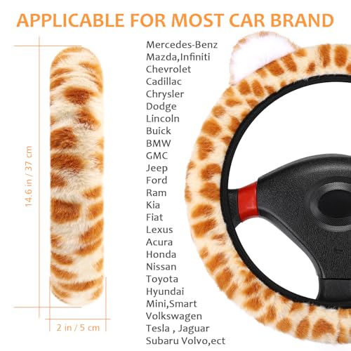 Accmor Fuzzy Leopard Print Car Steering Wheel Cover Women Car Accessories - color: Style B/Orange Leopard, Ear