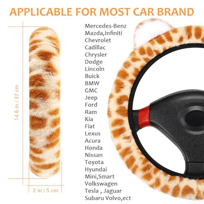 Accmor Fuzzy Leopard Print Car Steering Wheel Cover Women Car Accessories - color: Style B/Orange Leopard, Ear