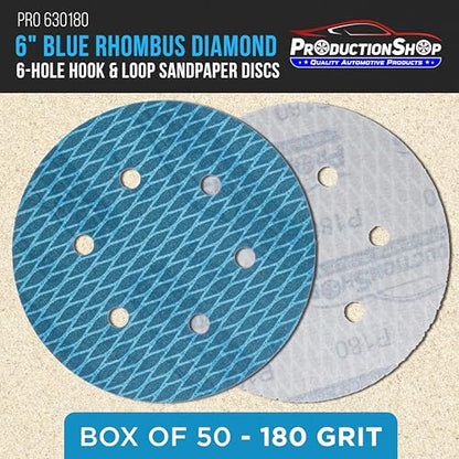 ProductionShop Premium 180 Grit 6" Rhombus Diamond Shape Blue Sanding Discs, 6-Hole, Box of 50 - Hook & Loop Anti-Clogging J-Cloth Dustless Sandpaper for Random Orbital Sanders, Sand Auto Paint, Wood - style: 180 Grit