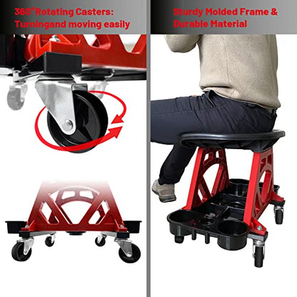 Durable Mechanic Stool Chair with Wheels, Heavy Duty Garage Shop Stool On Wheels, Rolling Stool Car Detailing Creeper Seat with Tool Tray for Workshop, Auto Repair Shop and Home